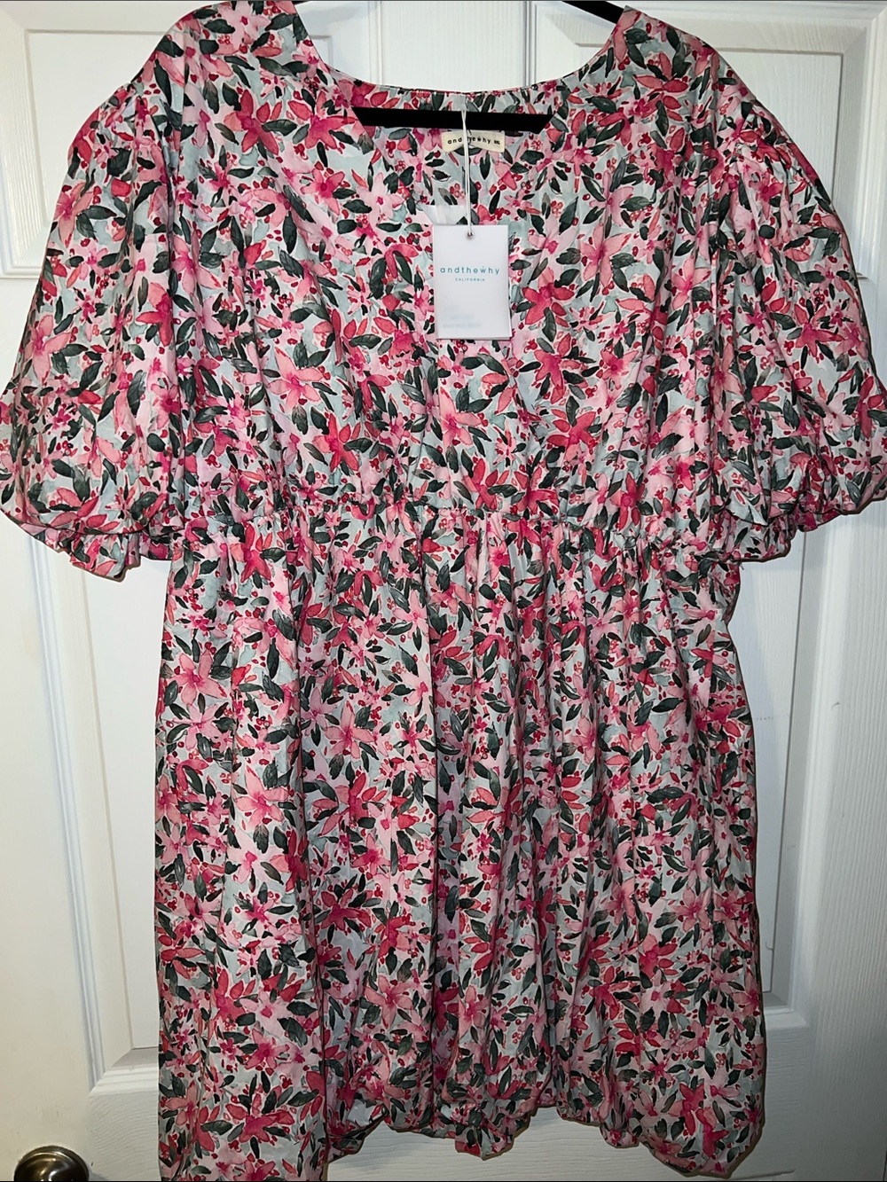 andthehoney Pink Floral Puff-Sleeve Mini Dress